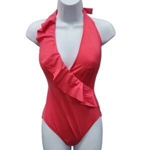 NWT Carmen Marc Valvo pink ruffle front halter neck one piece swimsuit size 10